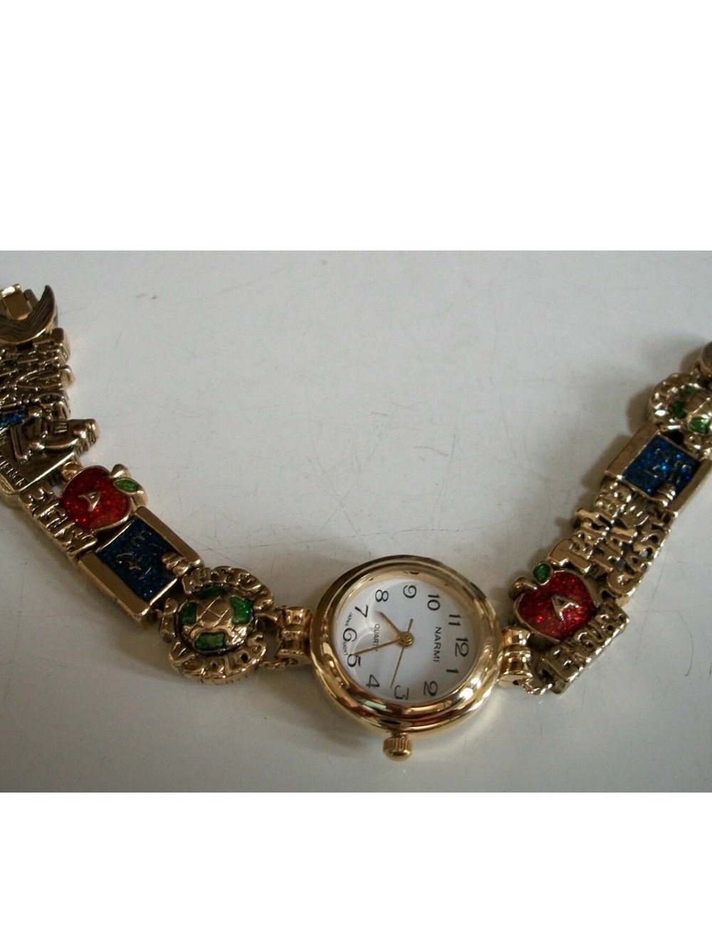 Gold-Tone Enamel Charm School Teacher Bracelet Watch with Red & Green Accents